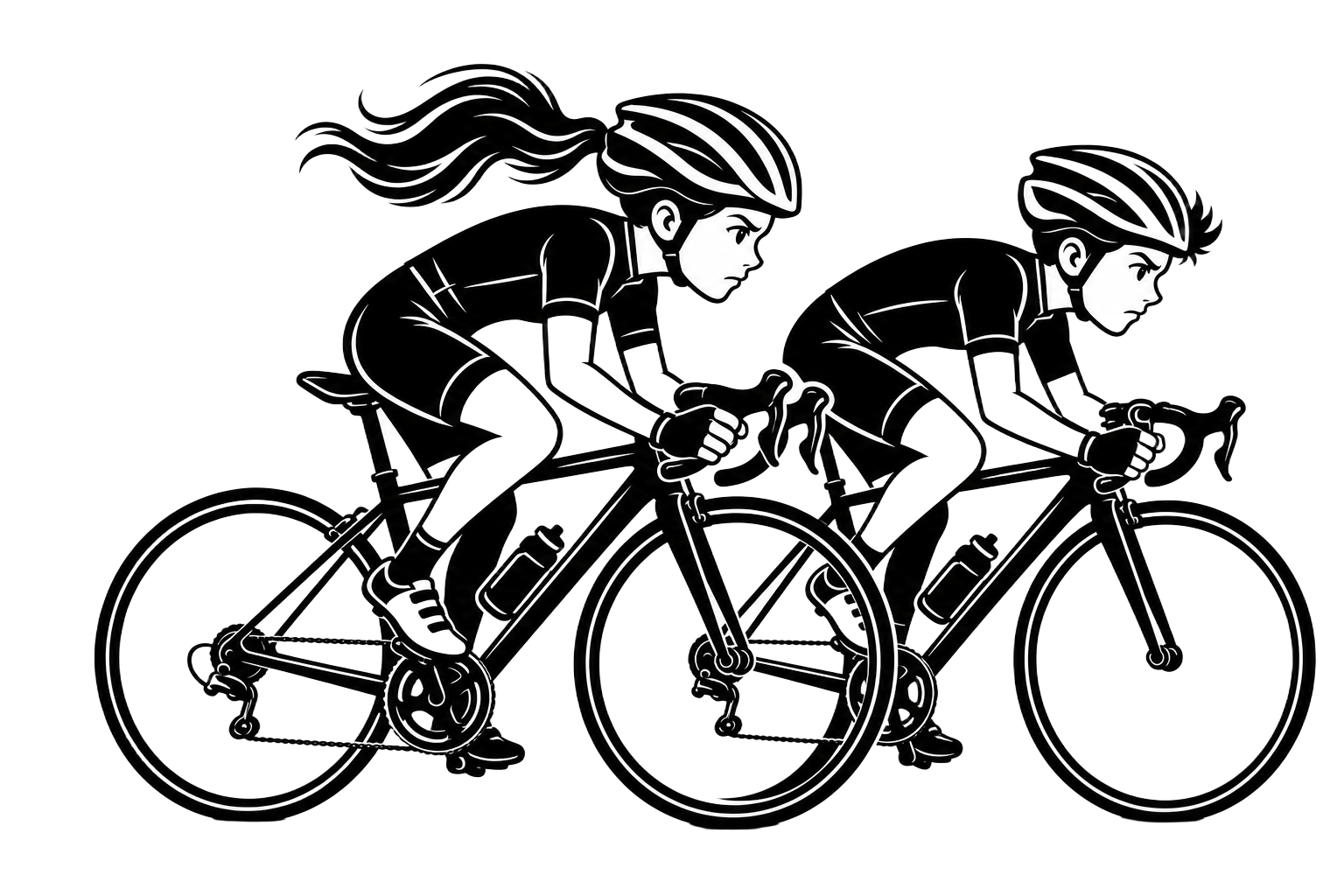 Boy and girl racing on bikes